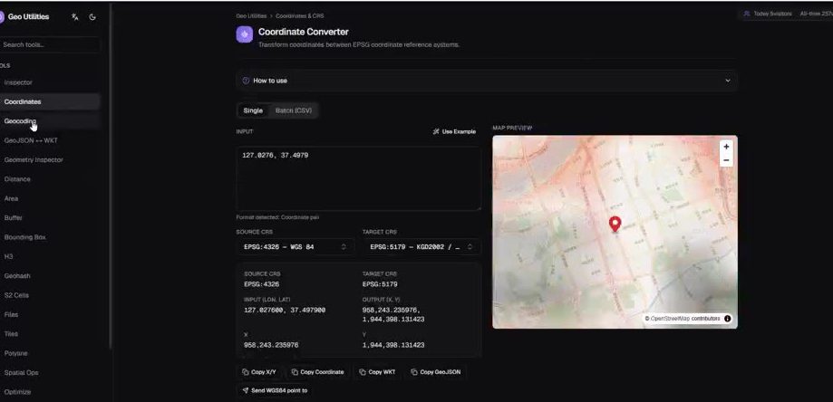 Geo Utilities — 브라우저 공간정보 도구 화면